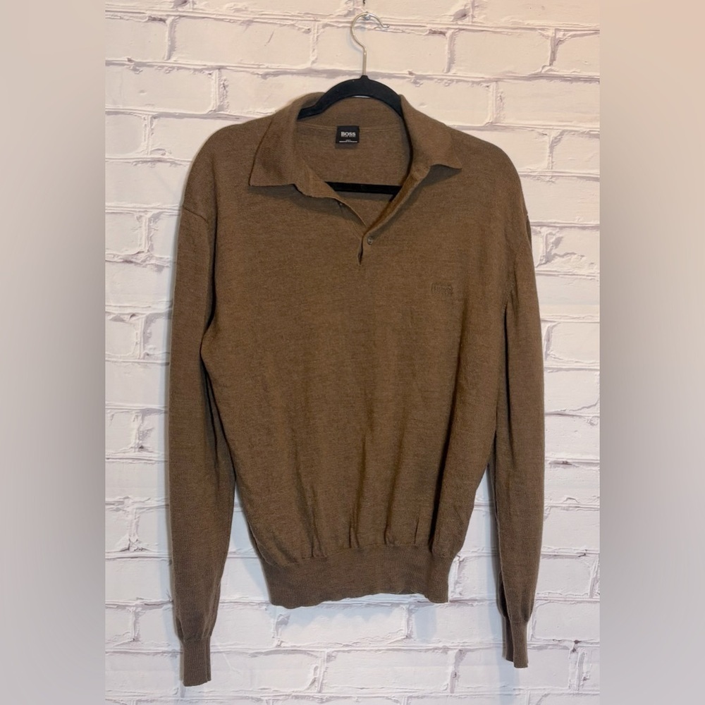 BOSS Brown Merino Wool Collared Long Sleeves Soft Minimalist Sweater
